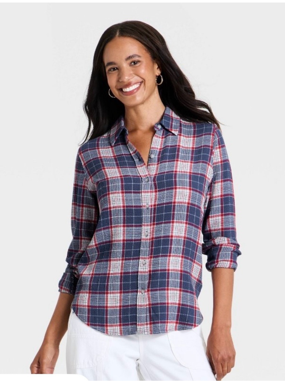 NWT Universal Thread Blue Plaid Long Sleeve Button -Front Shirt Navy & Red Large